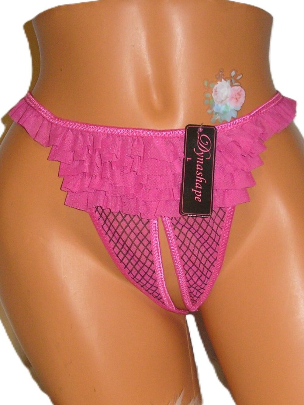 Dynashape Ruffle Front Pink Crotchless Panties Lingerie , Large